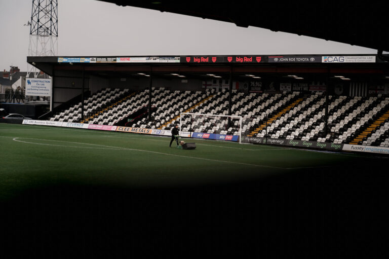 Blundell Park photo showing top of stand sponsor logos
