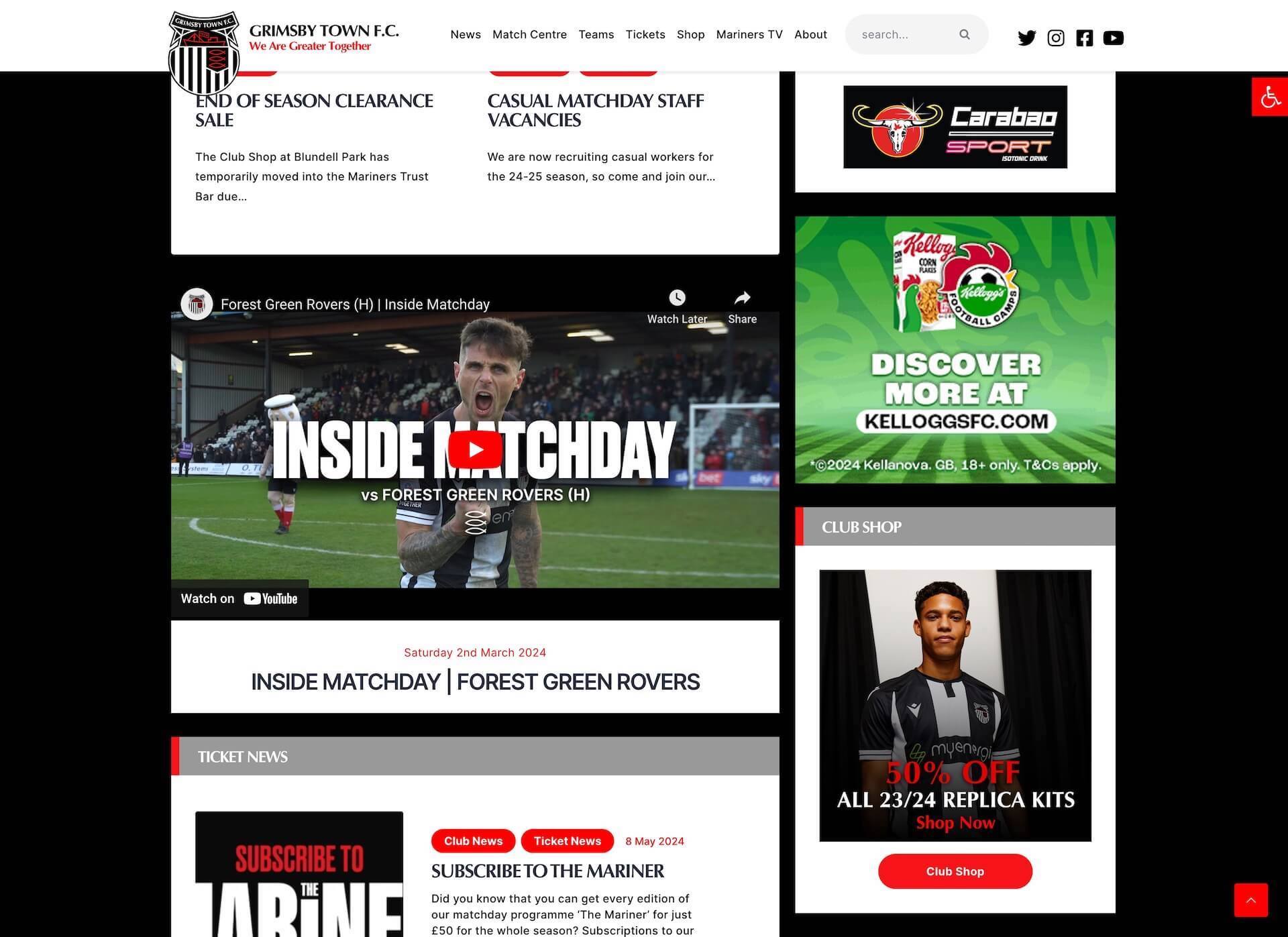 Website Banner showing a screen capture of the main Grimsby Town Football Club website